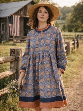 JODIFL Blue Yellow Crochet Print Cotton Long Sleeve Dress with Pockets
